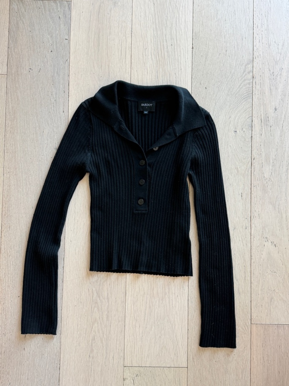 Bardot Black Ribbed Long-Sleeve Polo Knit Top